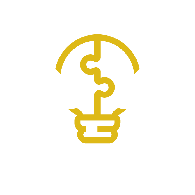 Two simplistic figures on a white background. Figures appear connected to a stylized, segmented lightbulb, symbolizing collaboration and shared ideas.