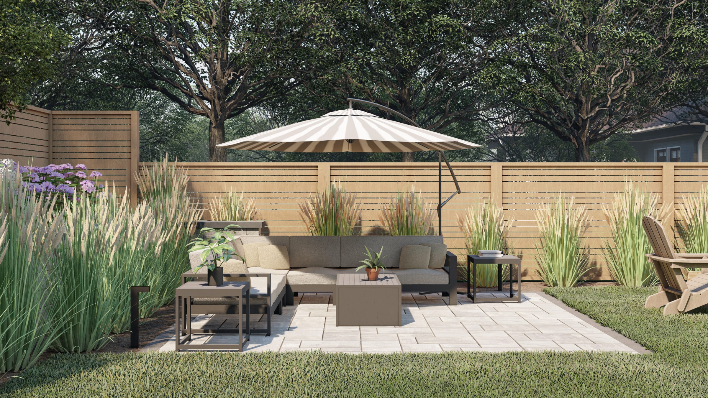 A peaceful backyard patio with seating, umbrella, and potted plants. Surrounded by a wooden fence and lush greenery under a clear sky.