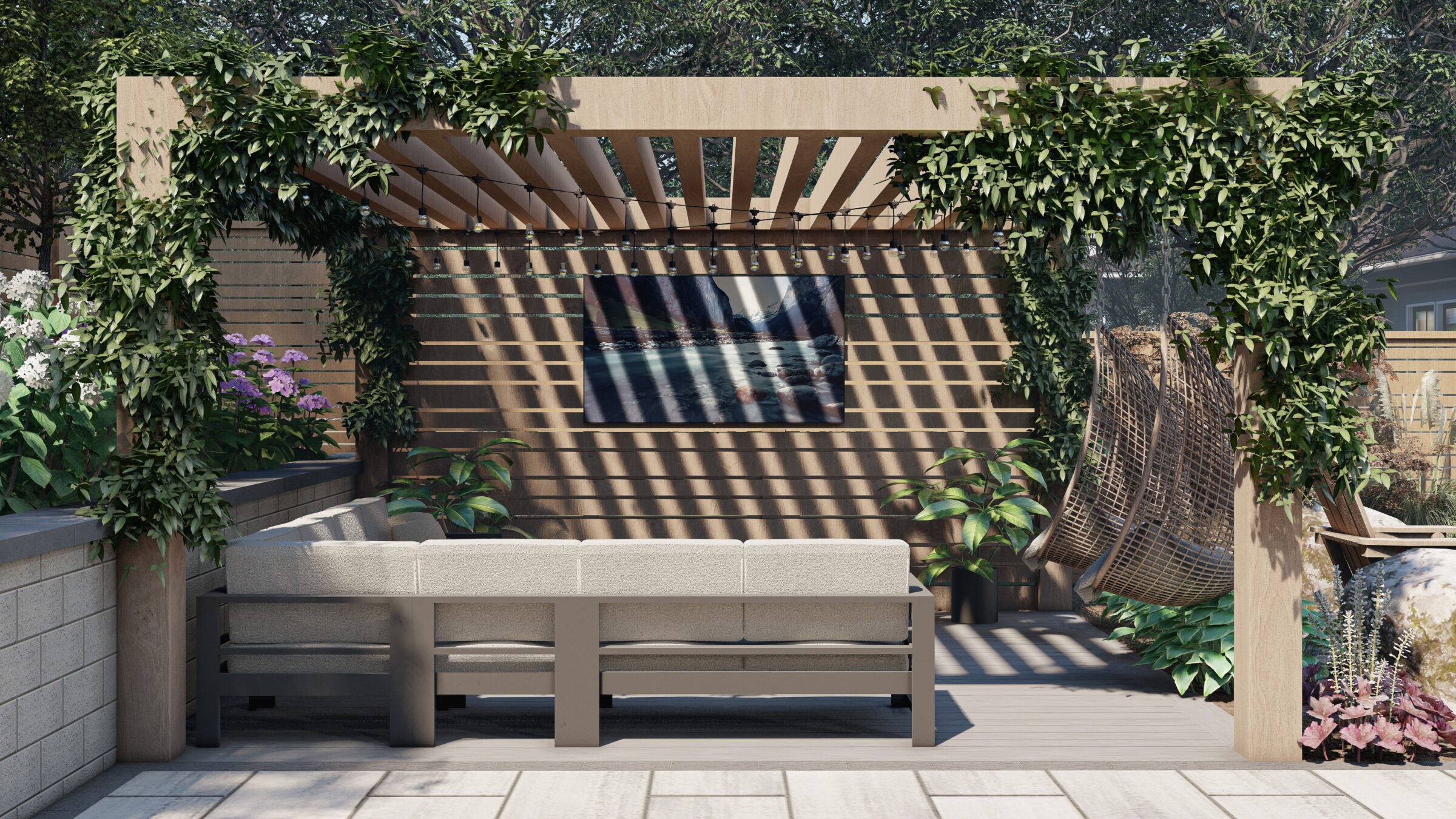 A cozy garden patio features a pergola with leafy vines, a beige outdoor sofa, decorative plants, and a wall-mounted landscape painting.