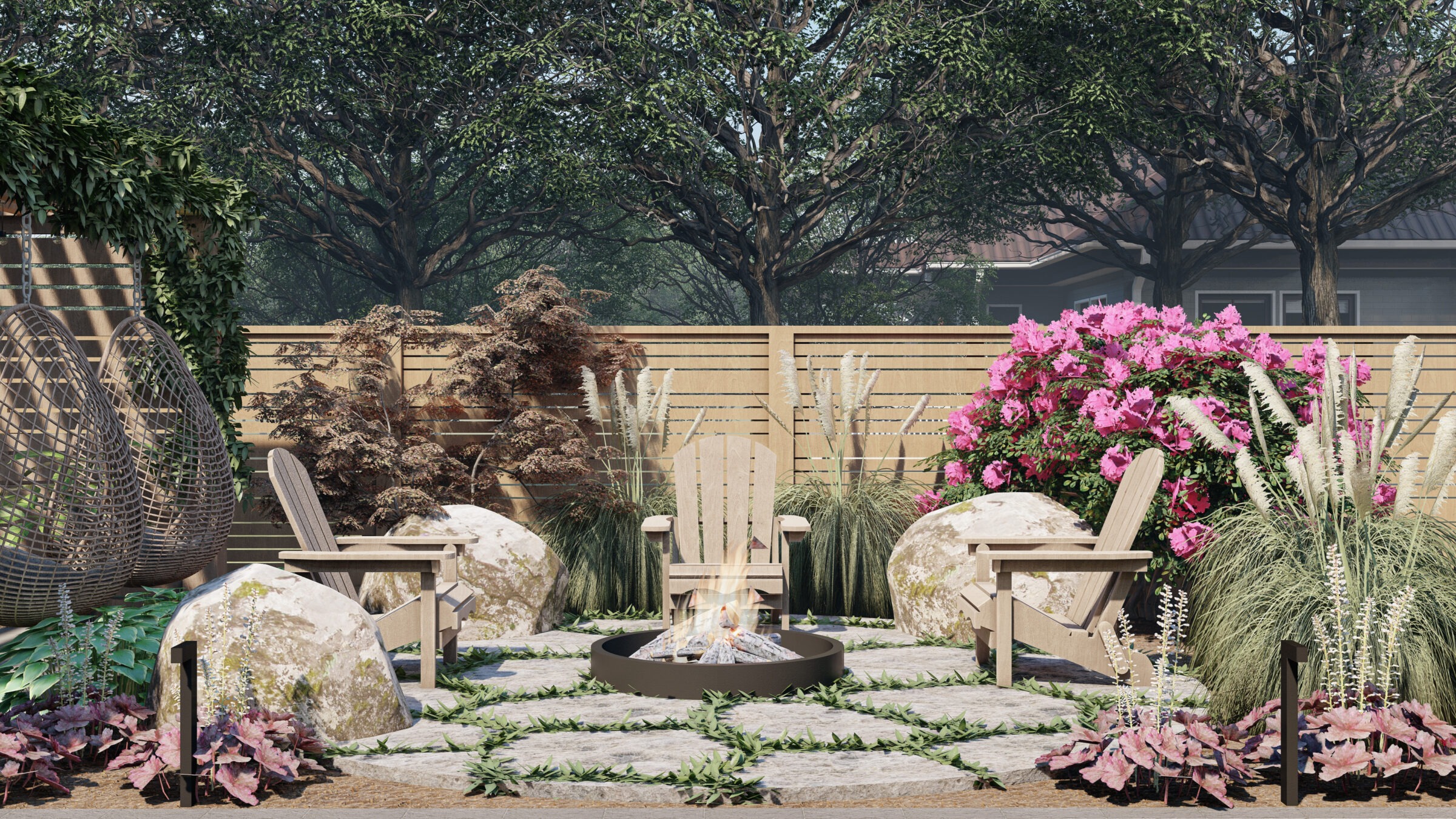 Outdoor patio with Adirondack chairs, fire pit, vibrant flowers, and decorative rocks surrounded by lush greenery and a wooden fence under a shaded canopy.