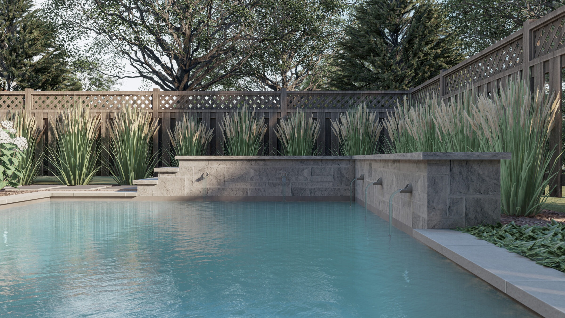 A serene backyard pool with stone steps, surrounded by lush greenery and fenced with wooden lattice. Peaceful outdoor oasis.