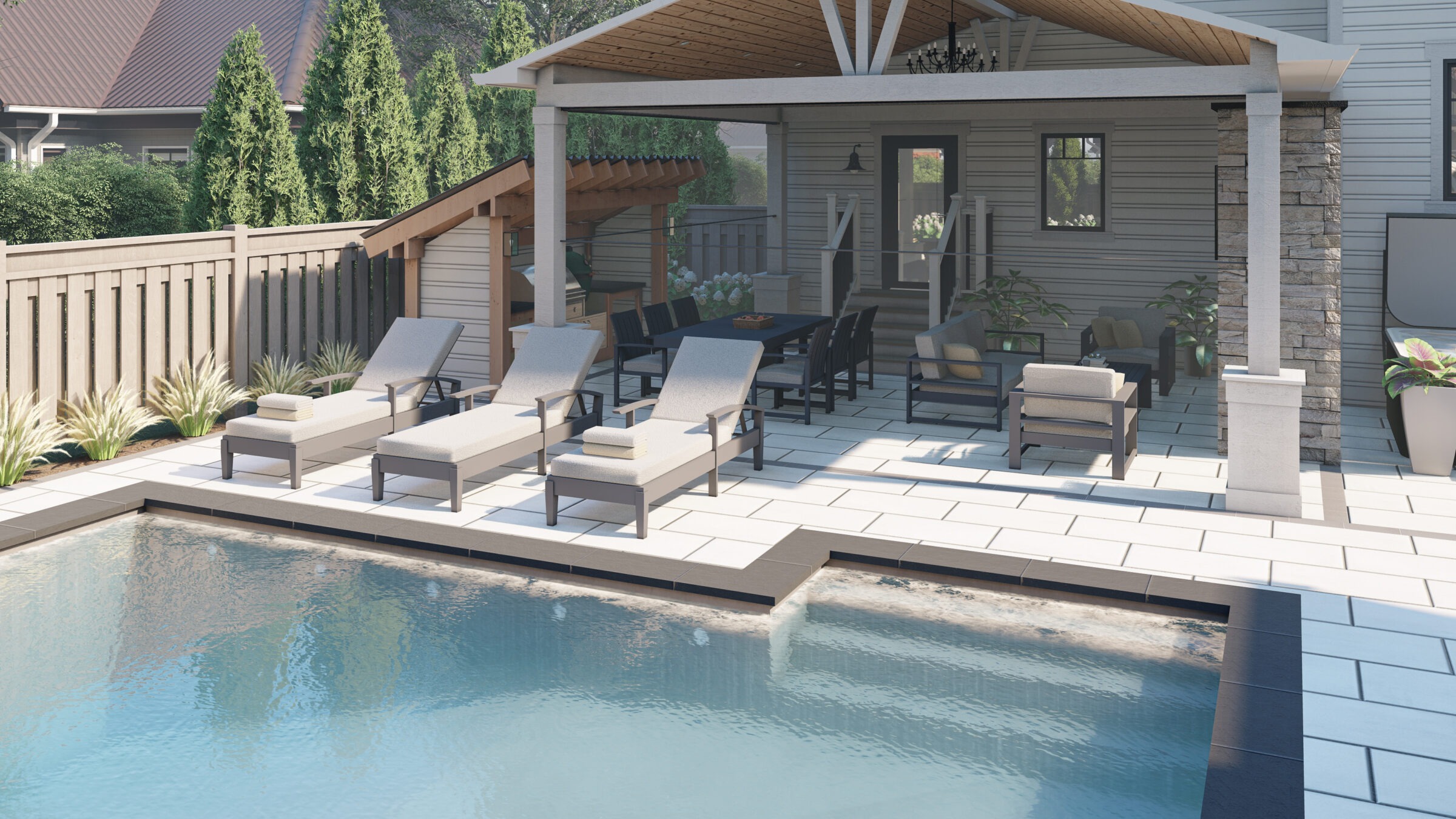 A backyard patio with a swimming pool, lounge chairs, dining table, and couches under a covered seating area, surrounded by plants and fencing.