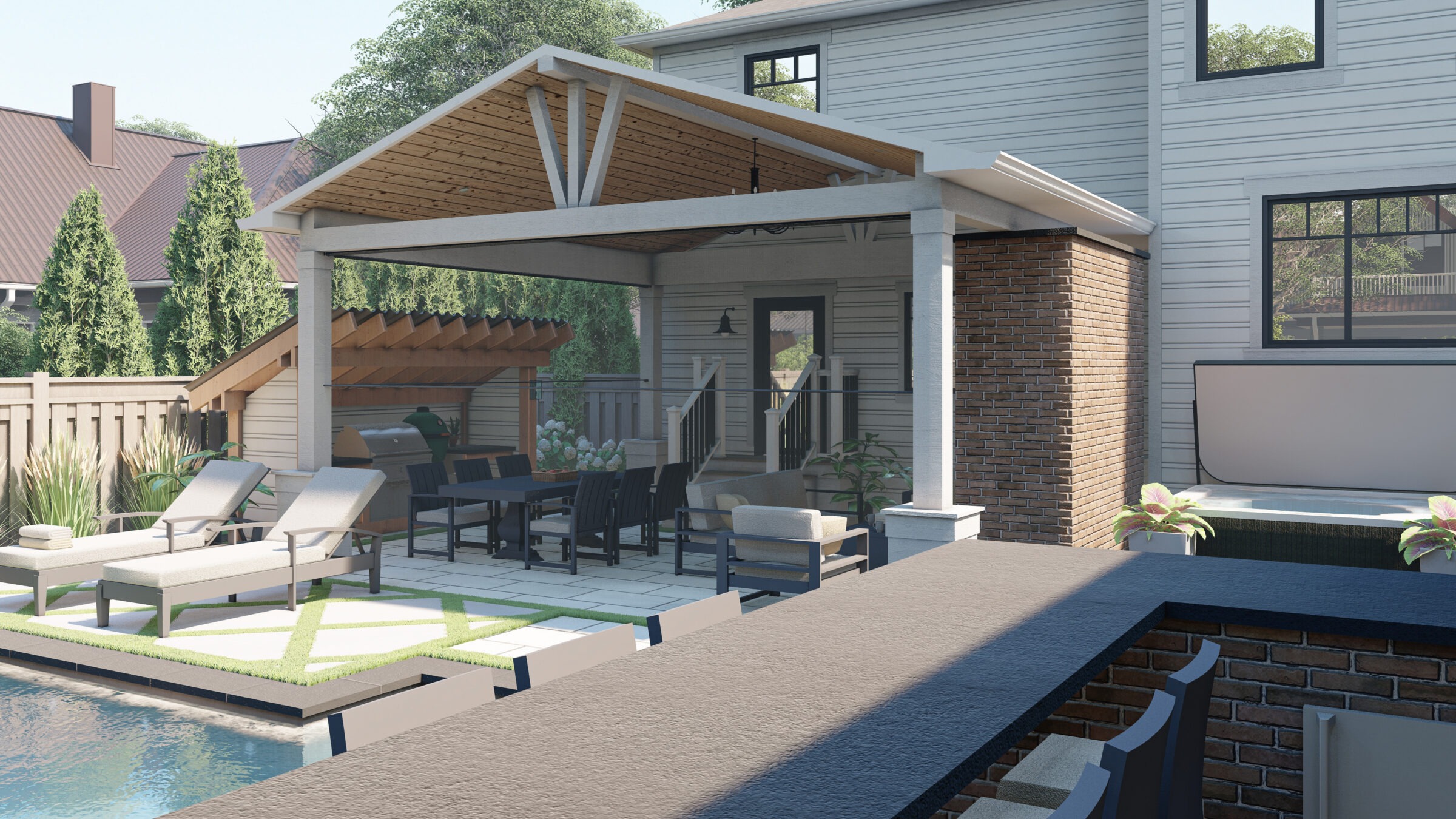 A modern backyard with lounge chairs, a pergola-covered dining area, jacuzzi, greenery, and a pool, creating a relaxing outdoor space.