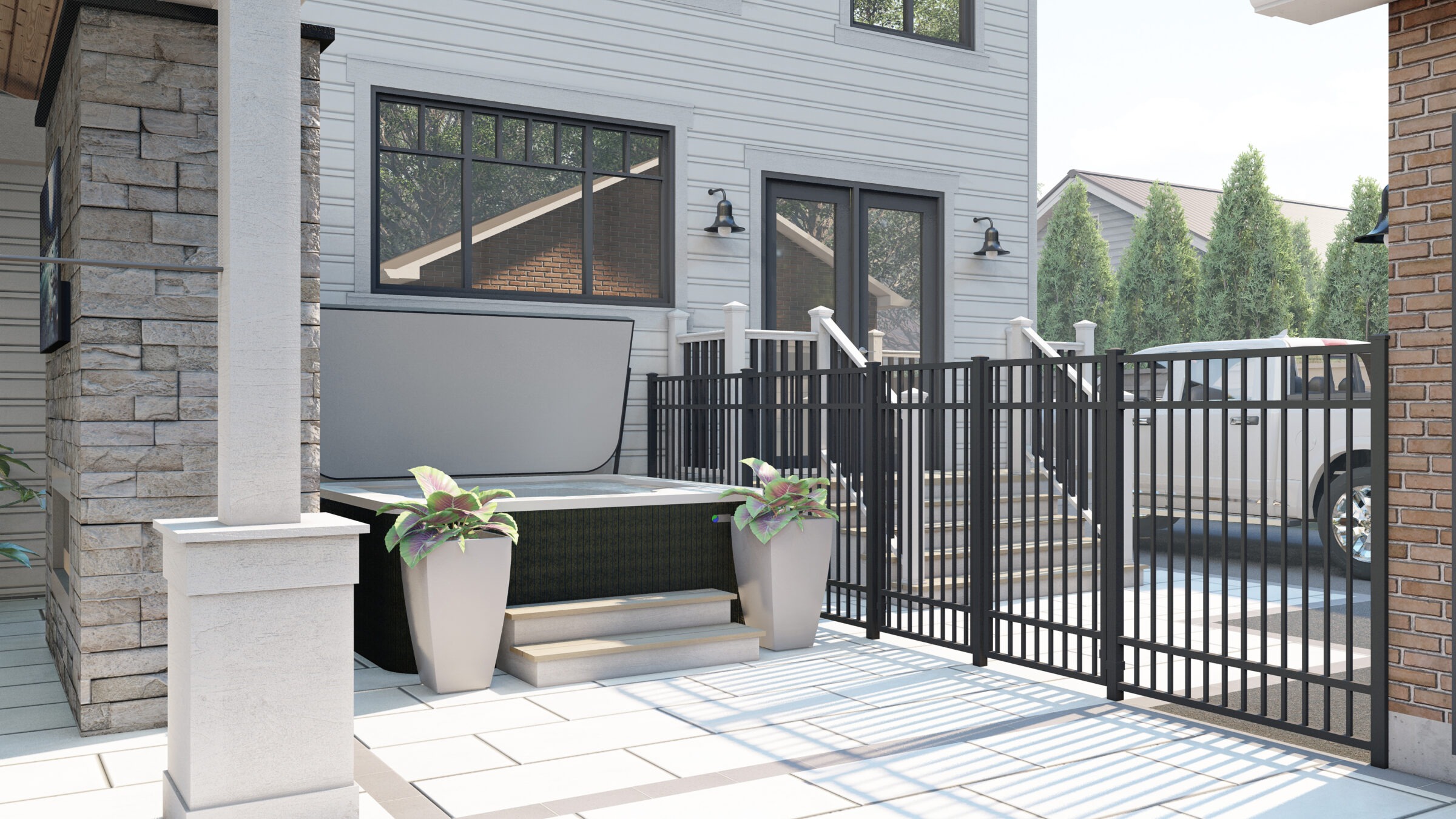 Modern backyard patio with a hot tub, decorative plants, and black metal fencing. A parked white car is visible beyond the gate.