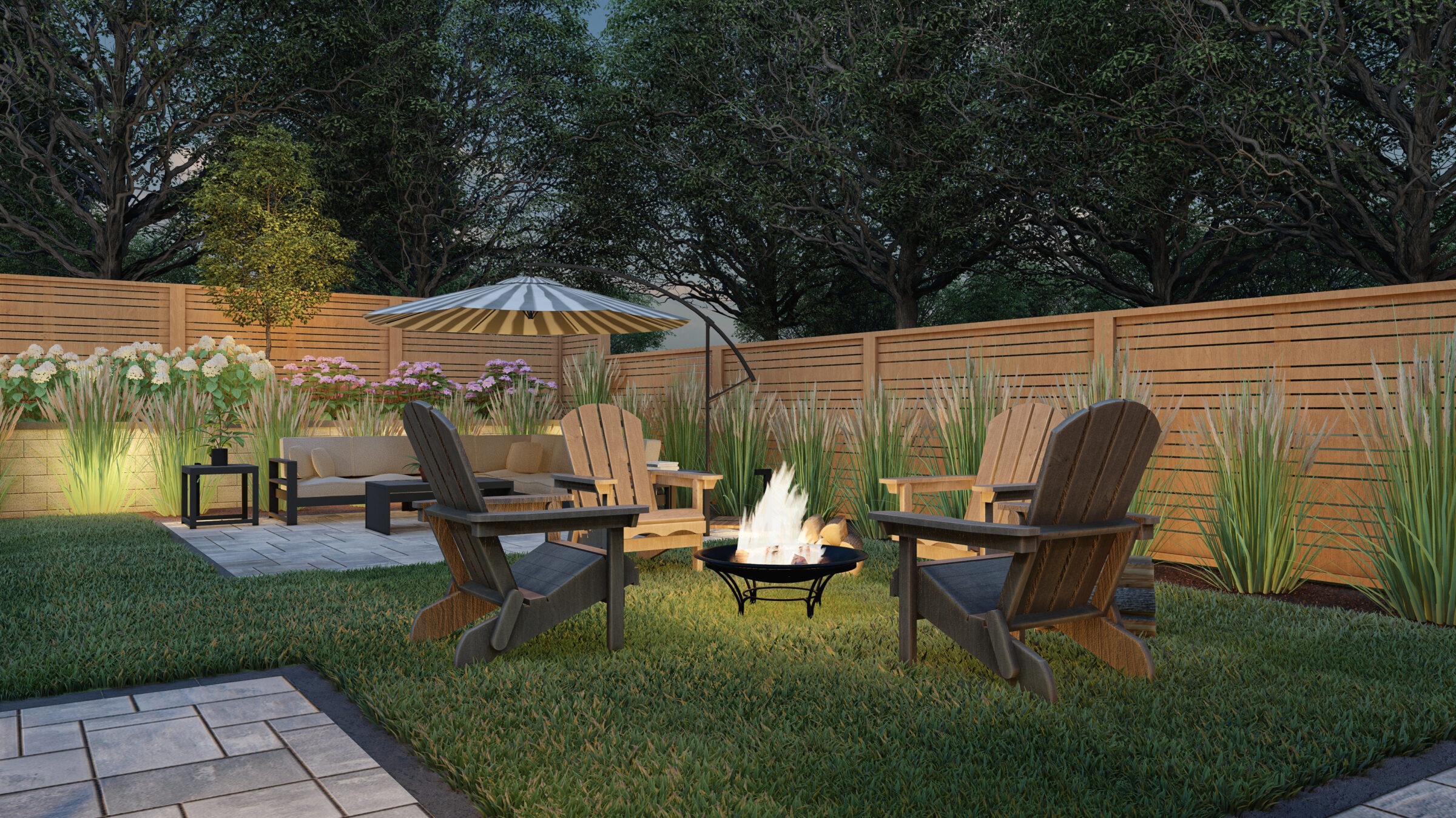 Cozy backyard with wooden chairs around a fire pit, surrounded by lush greenery, flowers, and a shaded seating area beneath an umbrella.
