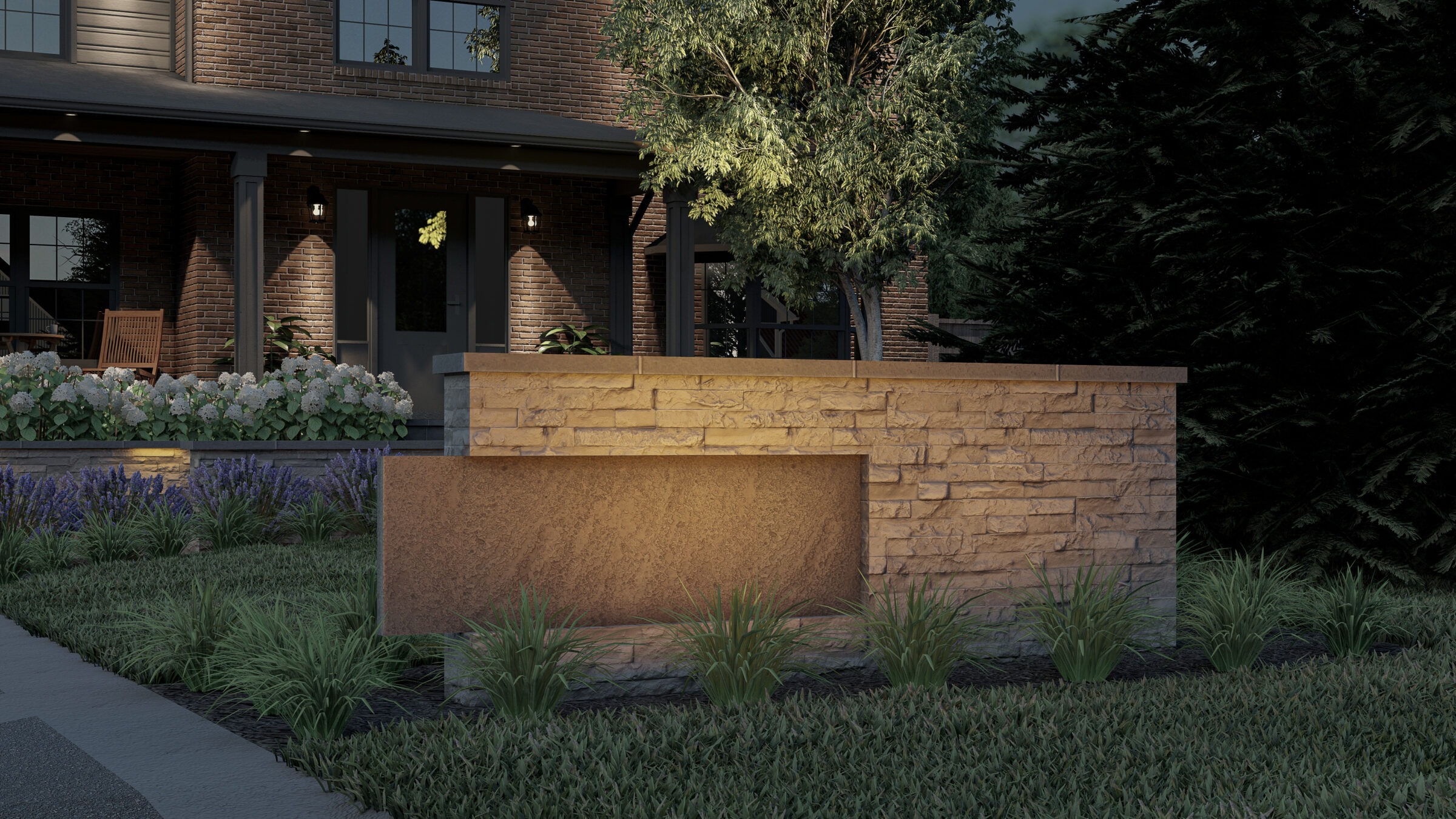 A brick house with a front porch is illuminated. A well-maintained garden features flowers and a stone wall under soft evening lighting.