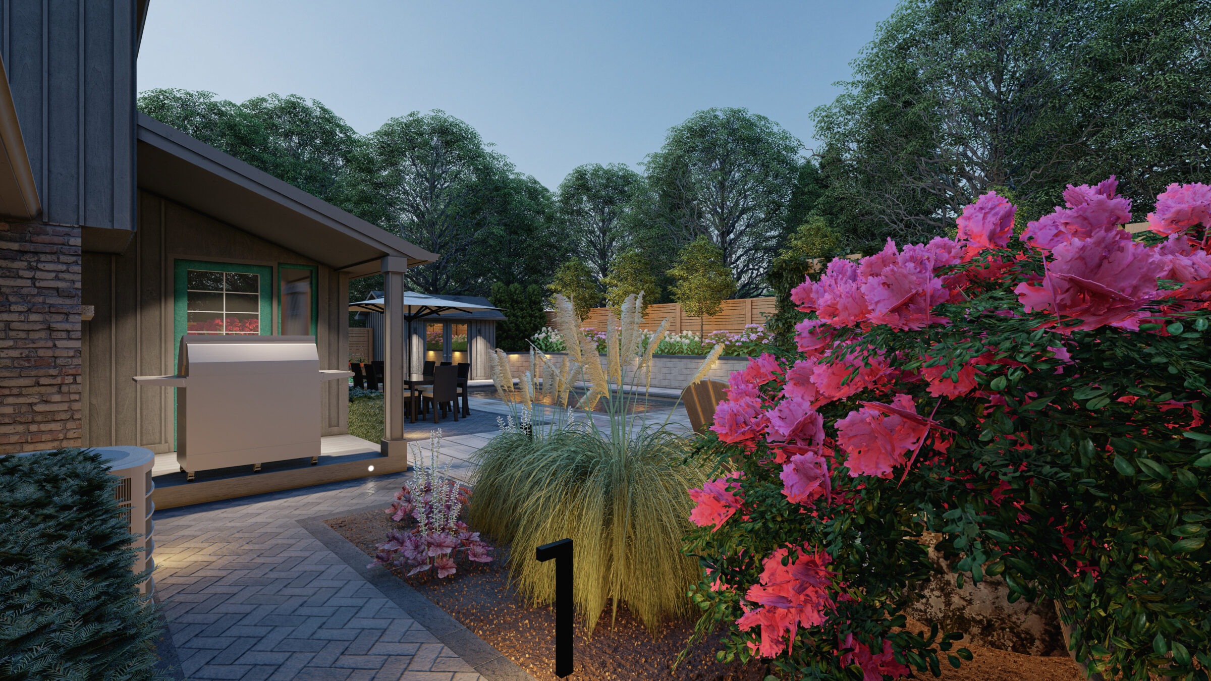 A garden setting with vibrant pink flowers, wooden structures, paved pathways, and lush greenery under a clear sky.