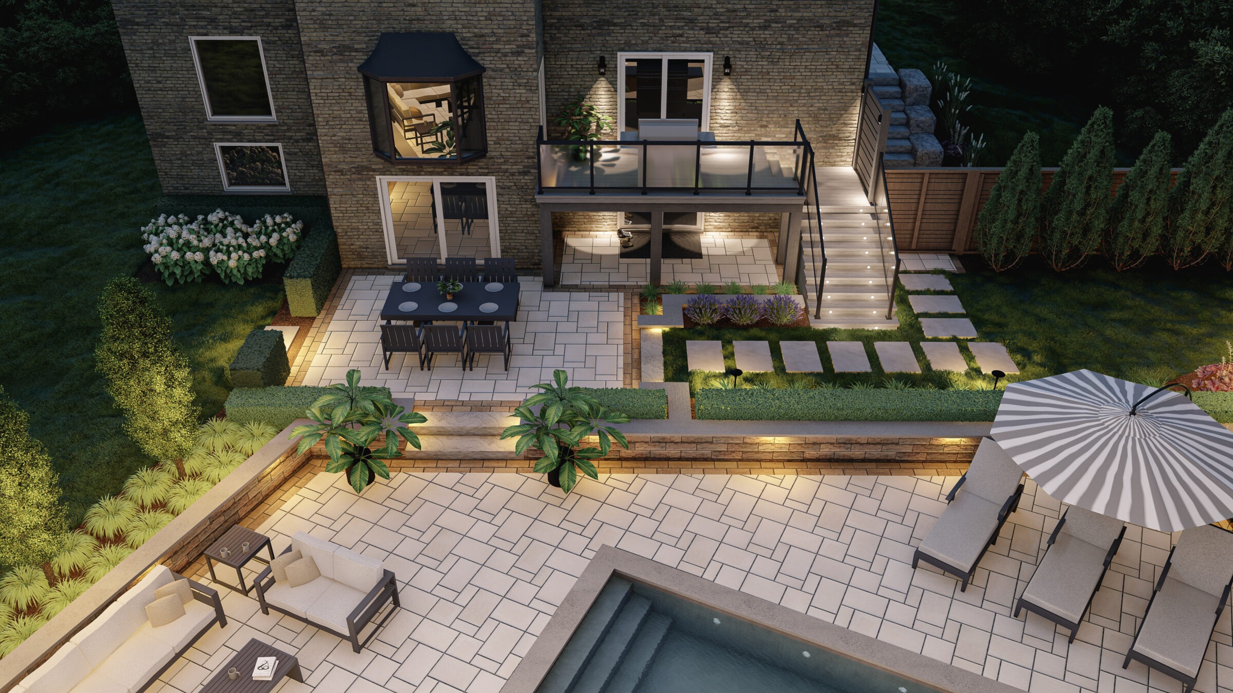 Modern backyard with pool, patio furniture, dining table, and landscaped garden. Steps lead to upper deck; evening lighting creates cozy ambiance.