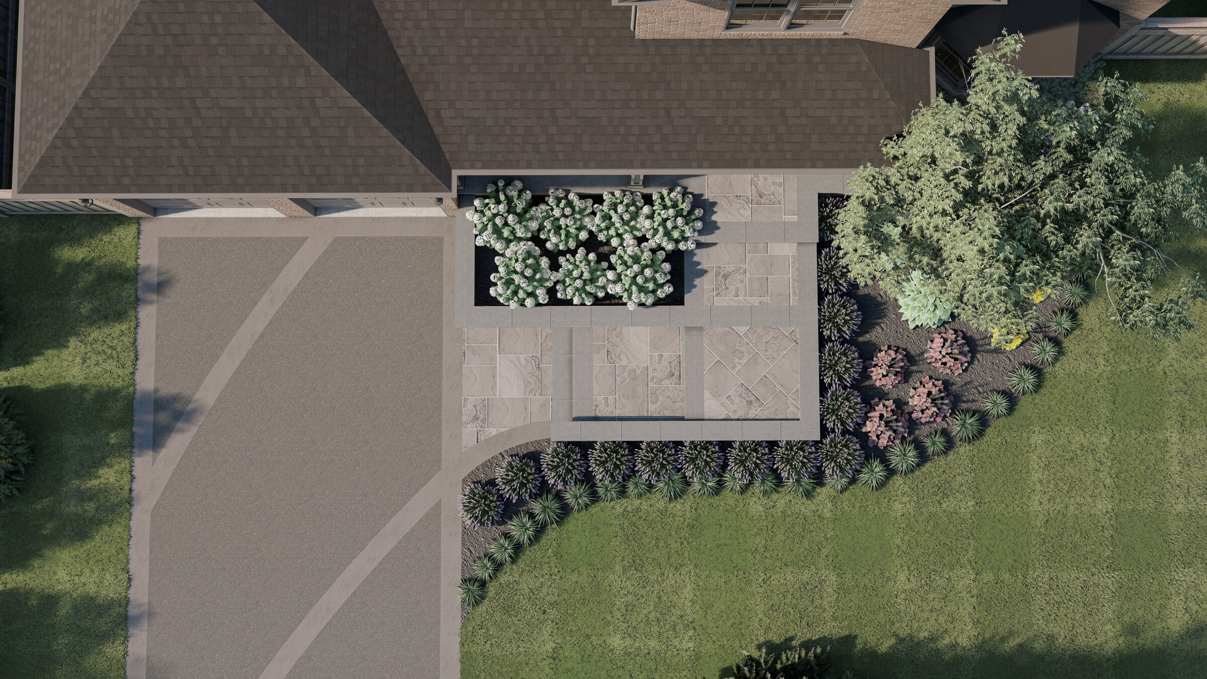Aerial view of a landscaped garden with geometric pathways, surrounded by trees and flowers, adjacent to a building with a dark roof.