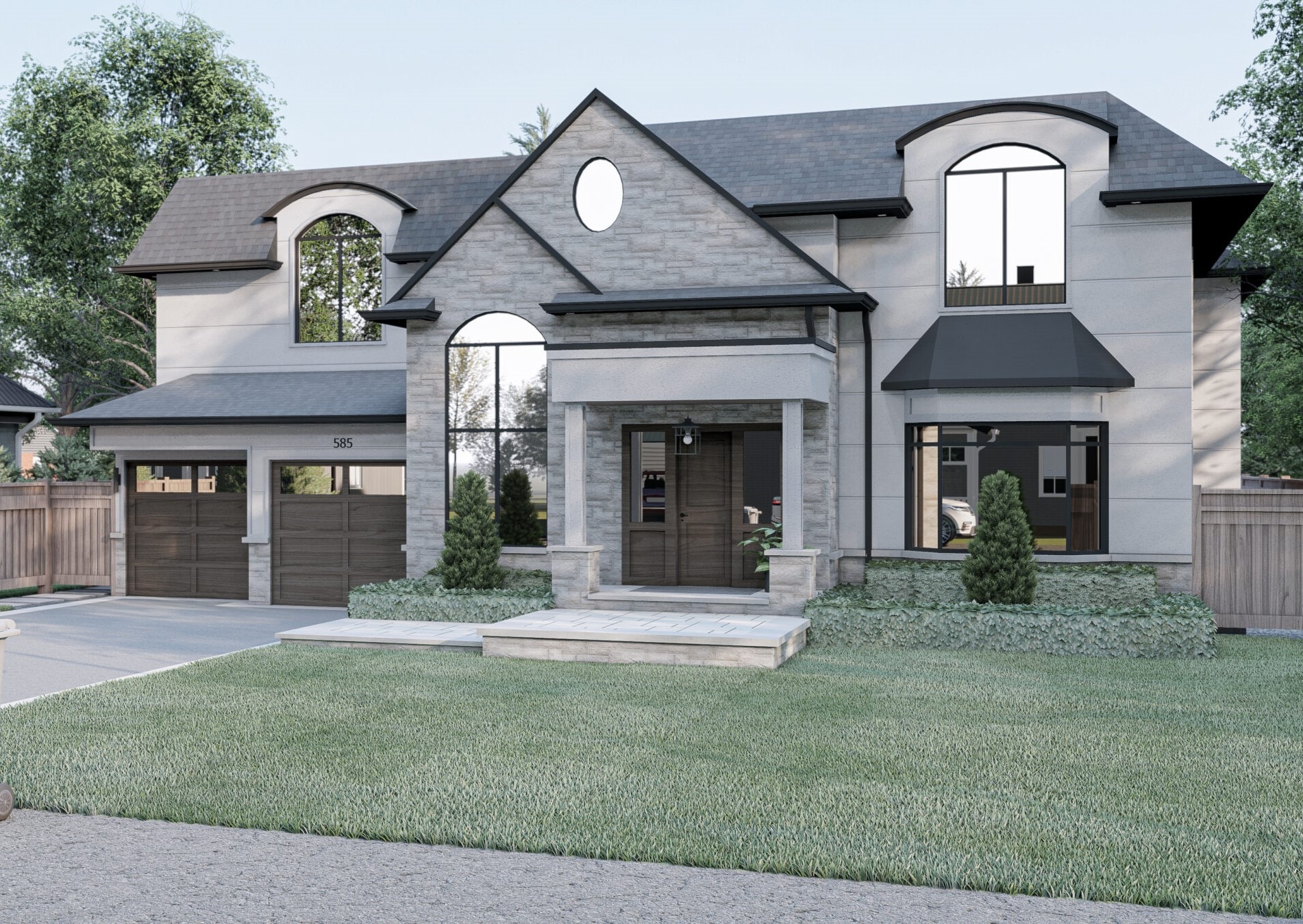 Modern two-story house with stone facade, large windows, double garage, and landscaped front yard. Surrounded by trees and greenery.