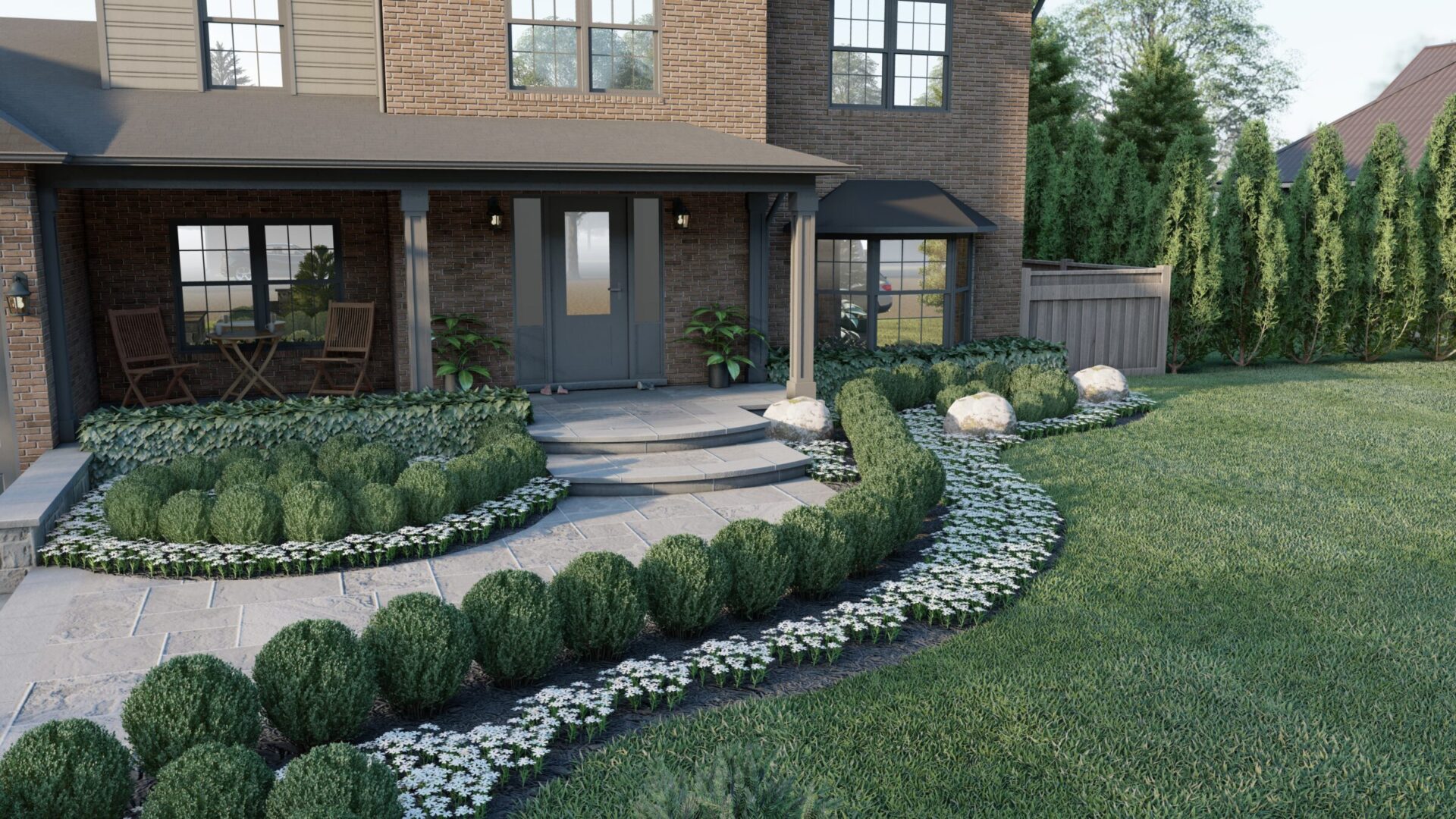 A brick house with a landscaped front yard, featuring a stone path, neatly trimmed bushes, flowers, and a small porch with chairs.