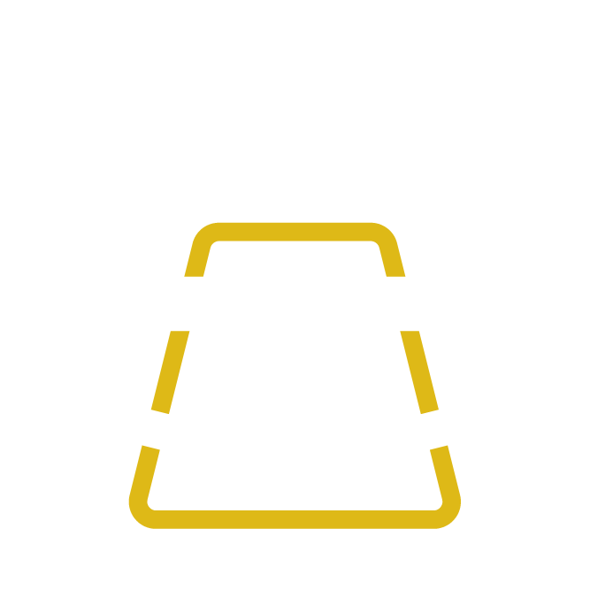 A simple icon of five people around a trapezoidal table, symbolizing a meeting or discussion, with a white and gold color scheme.