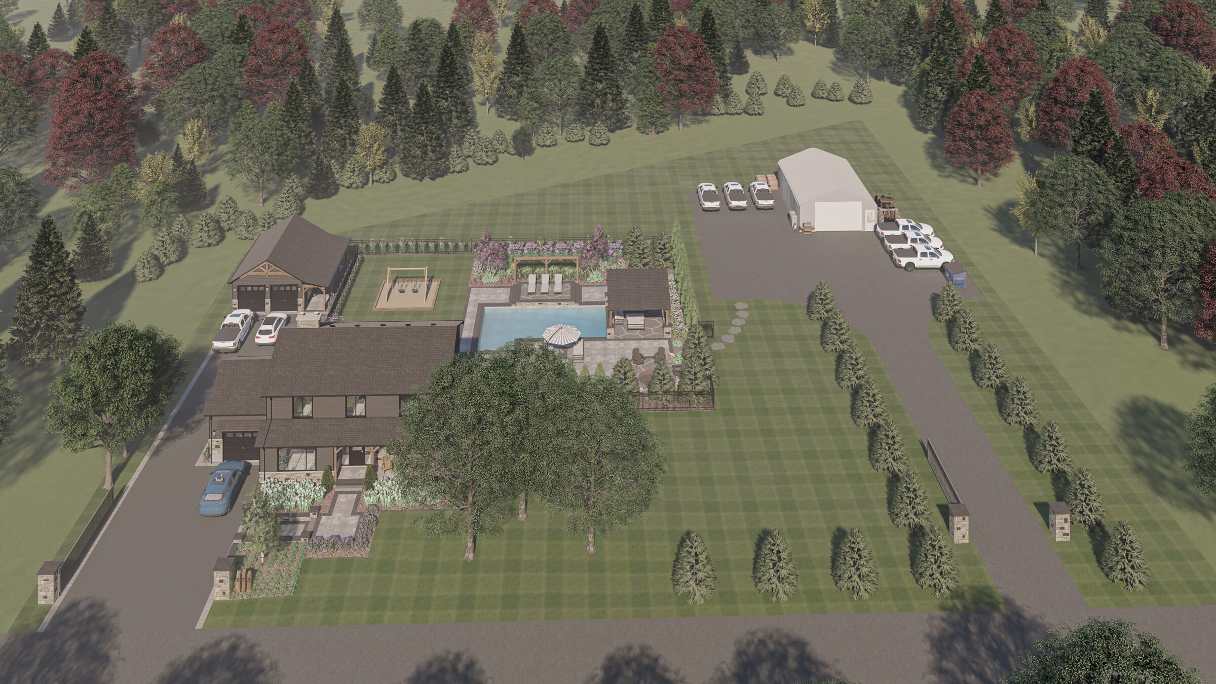 Aerial view of a large estate with a house, pool, playground, driveway, and multiple cars surrounded by trees and greenery.