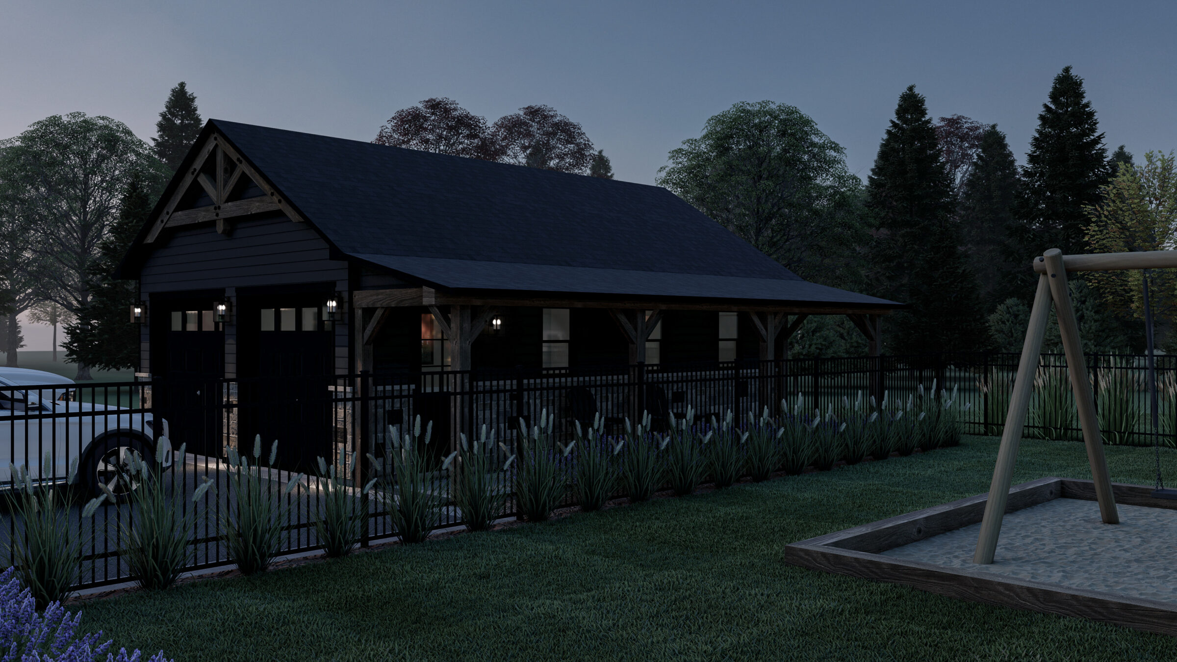 A cozy cabin with a porch, fenced yard, white car, and playground surrounded by trees at dusk.