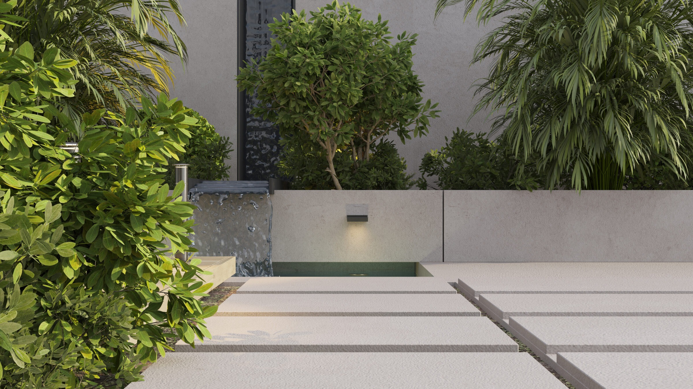 3D Rendering, illustration of green garden, trees and shrubbery, water falling